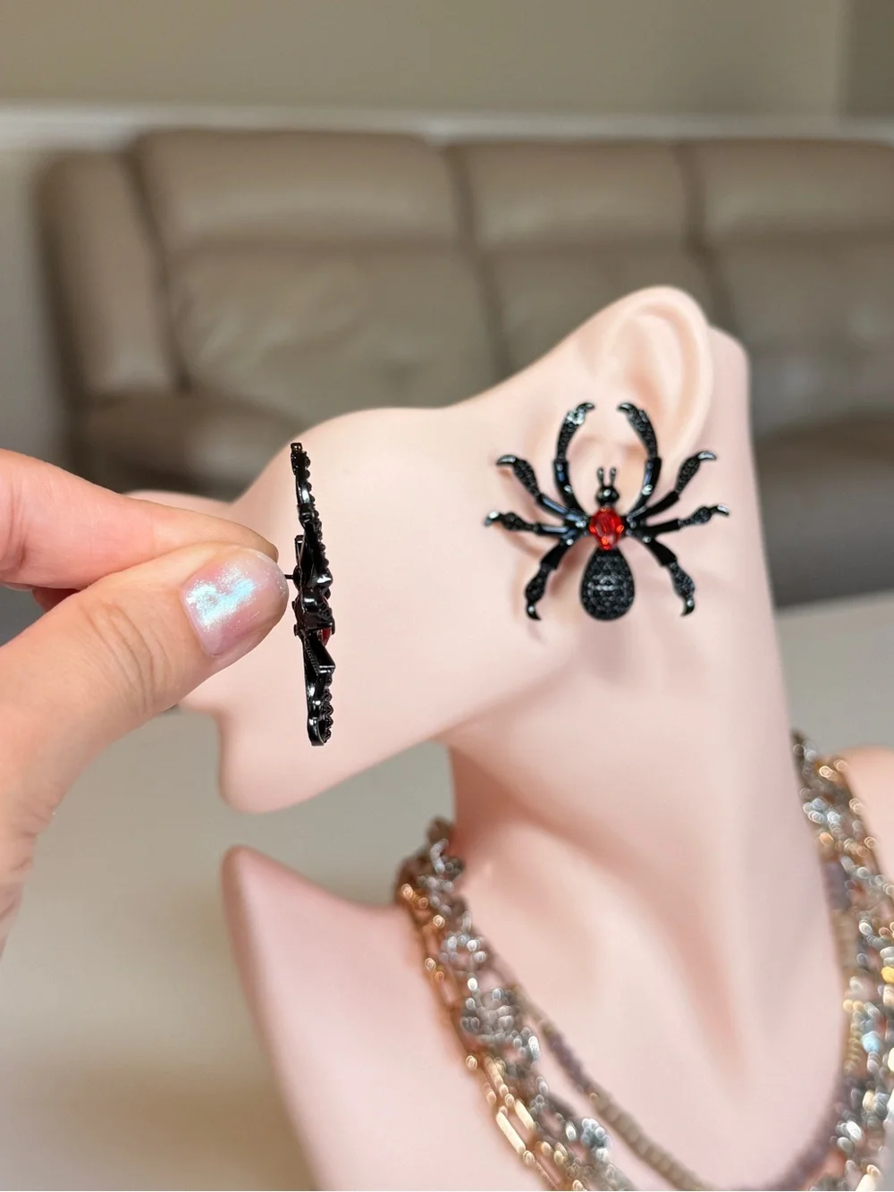 Black Spider Stud Earrings with Red Gem Center